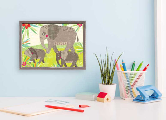 Happy Elephant Herd Mini Framed Canvas