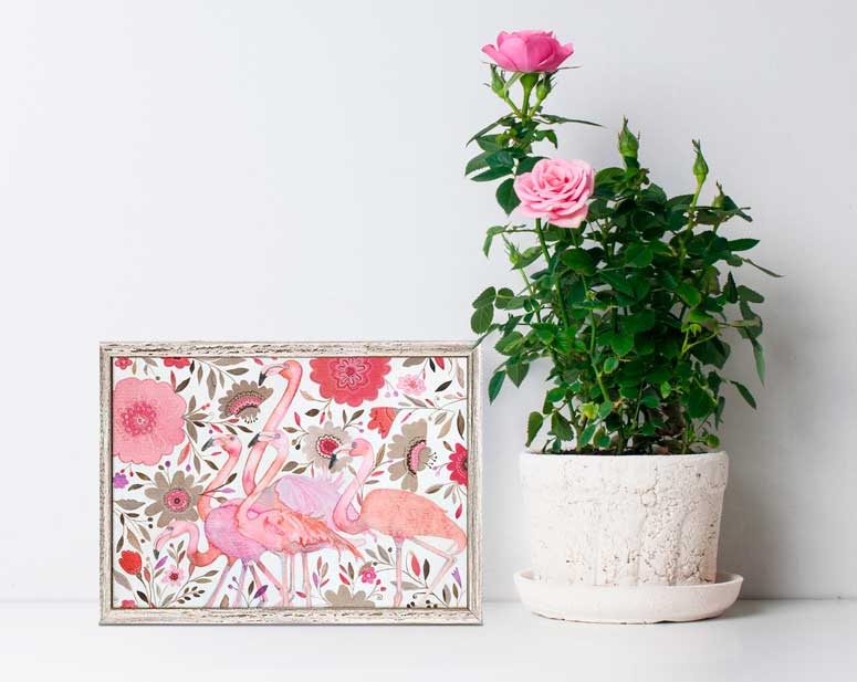 Flamingo Flock In Flowers Mini Framed Canvas - GreenBox Art