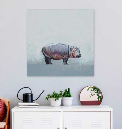 Hippo On Muted Blue Canvas Wall Art - GreenBox Art