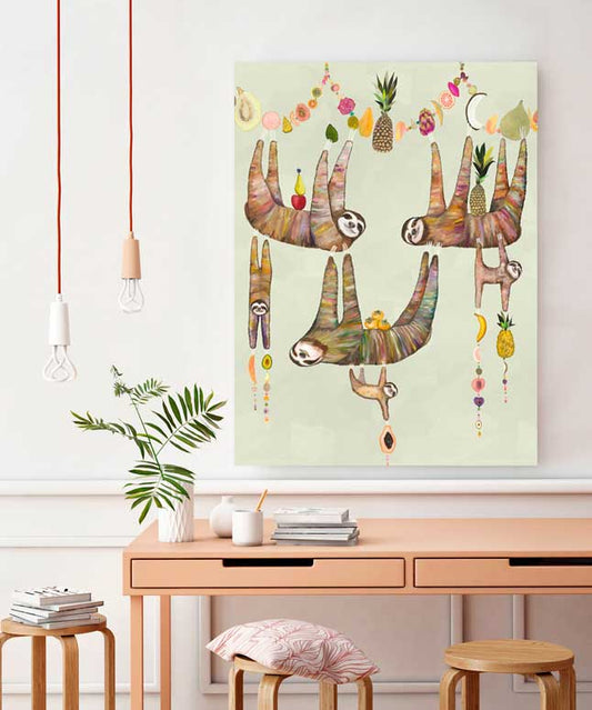 Sloth Family's Fruit Basket Canvas Wall Art - GreenBox Art