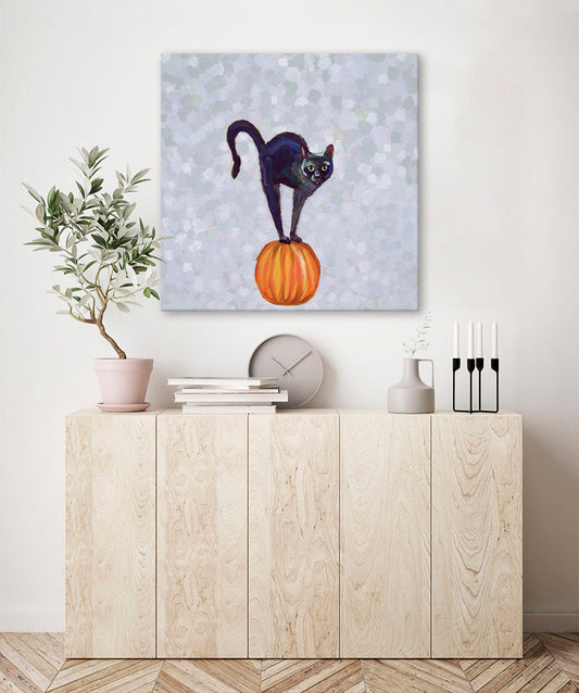 Fall - Scaredy Cat - Grey Canvas Wall Art - GreenBox Art