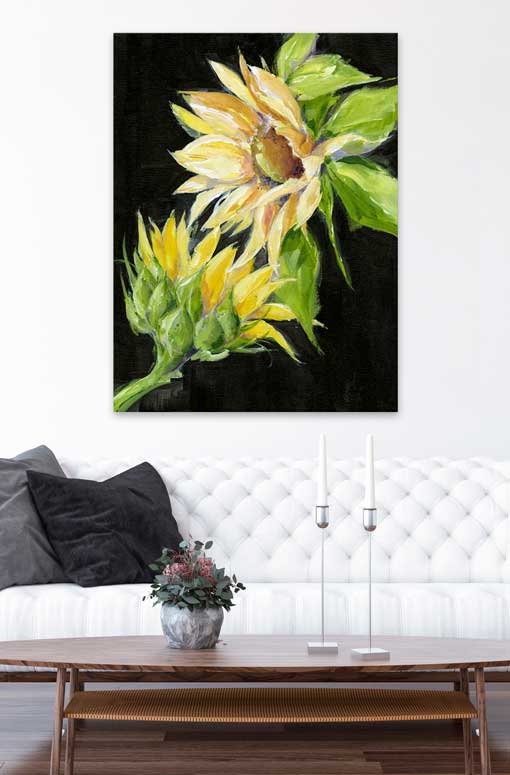 Sunflowers On Black Canvas Wall Art