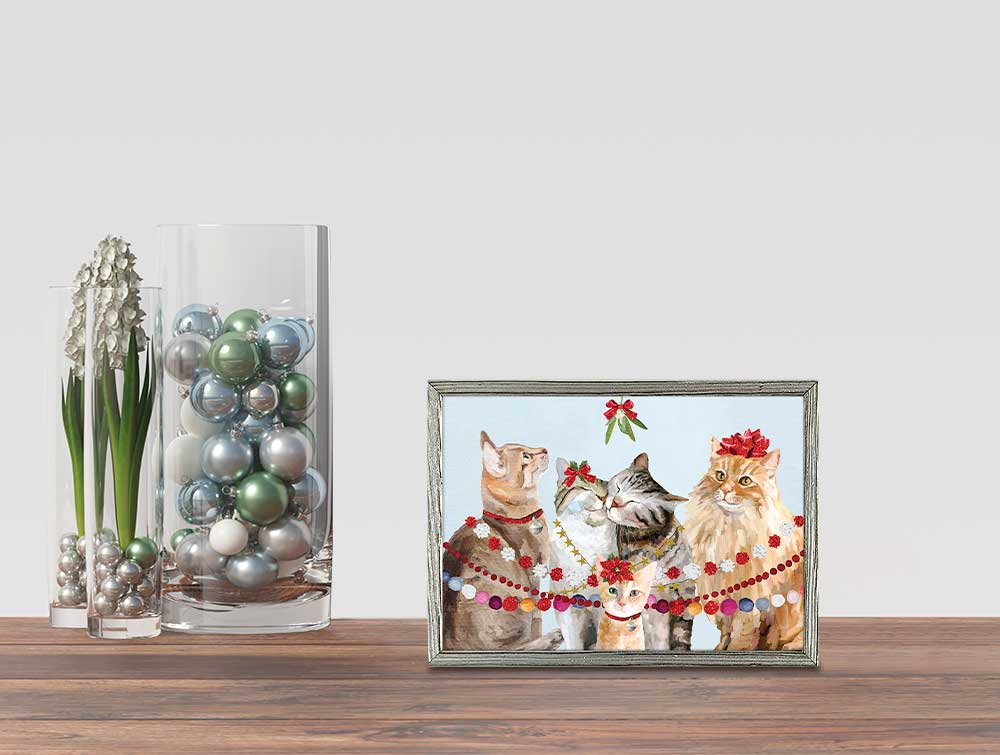 Holiday - Festive Cat Bunch Embellished Mini Framed Canvas
