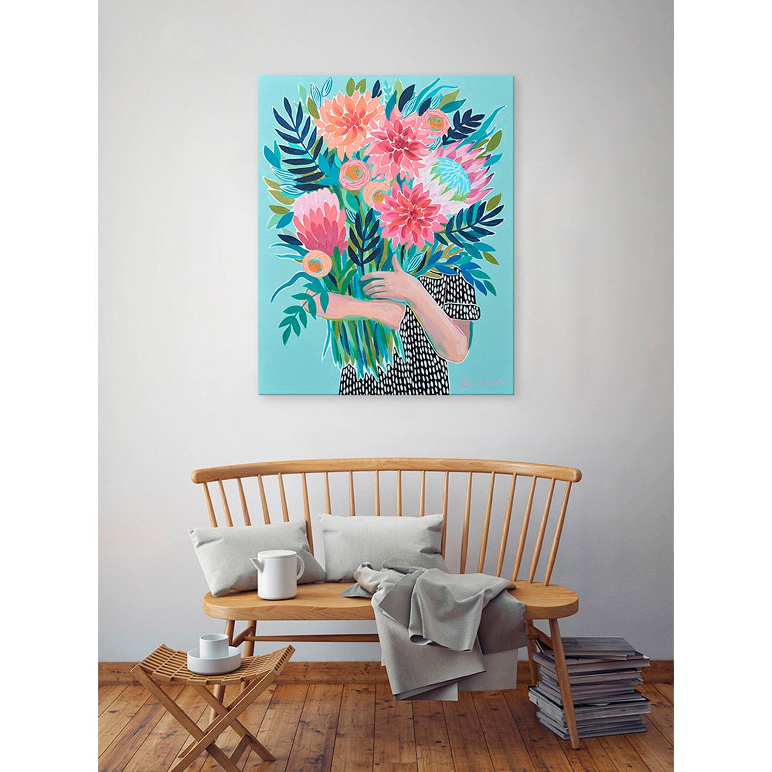 Garden Girl With Dahlias Canvas Wall Art - GreenBox Art