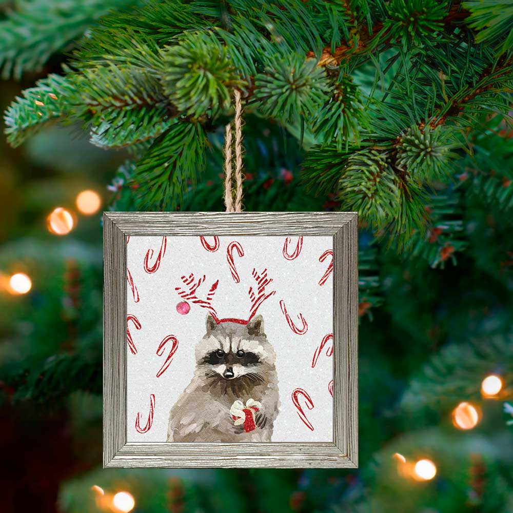 Holiday - Candy Cane Raccoon Embellished Wooden Framed Ornament