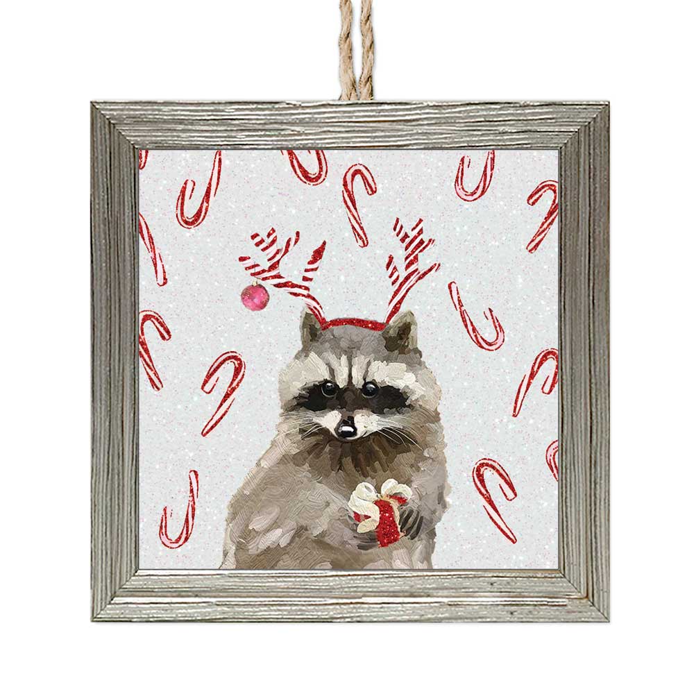 Holiday - Candy Cane Raccoon Embellished Wooden Framed Ornament