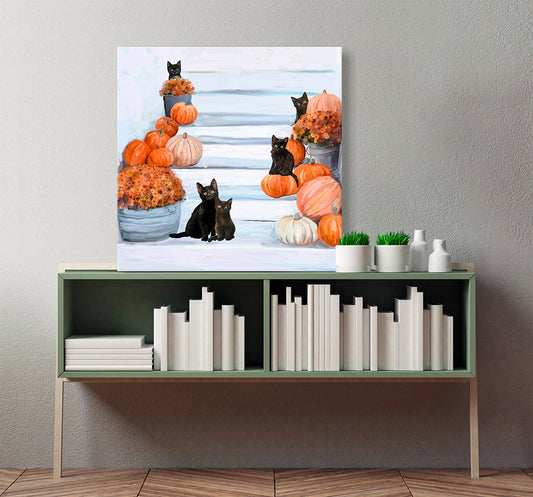 Fall - Five Black Cats Canvas Wall Art - GreenBox Art