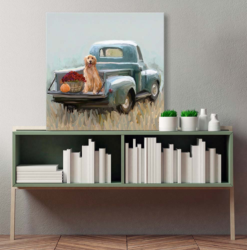 Fall - Golden Pup In Truck Canvas Wall Art - GreenBox Art