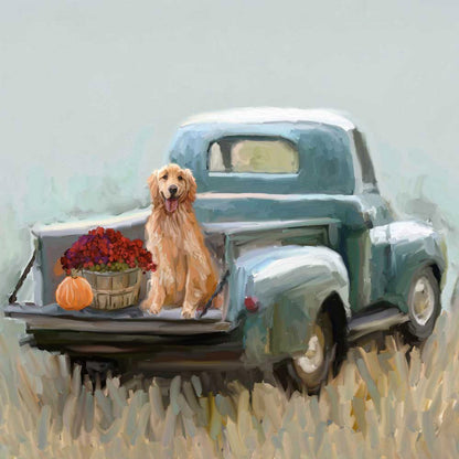 Fall - Golden Pup In Truck Canvas Wall Art - GreenBox Art