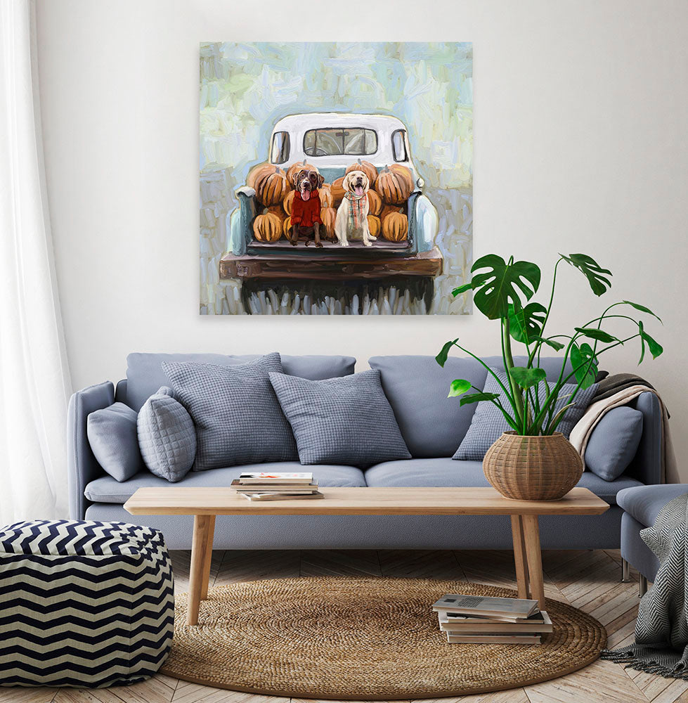 Fall - Lab Pups In Truck Canvas Wall Art - GreenBox Art