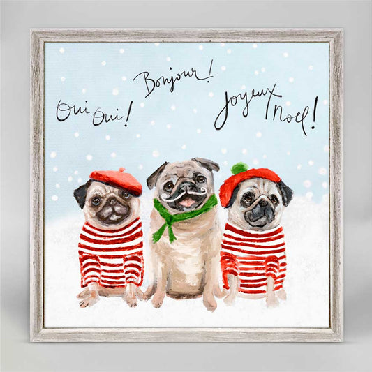 Holiday - 3 French Pugs - Red & Green Mini Framed Canvas - GreenBox Art