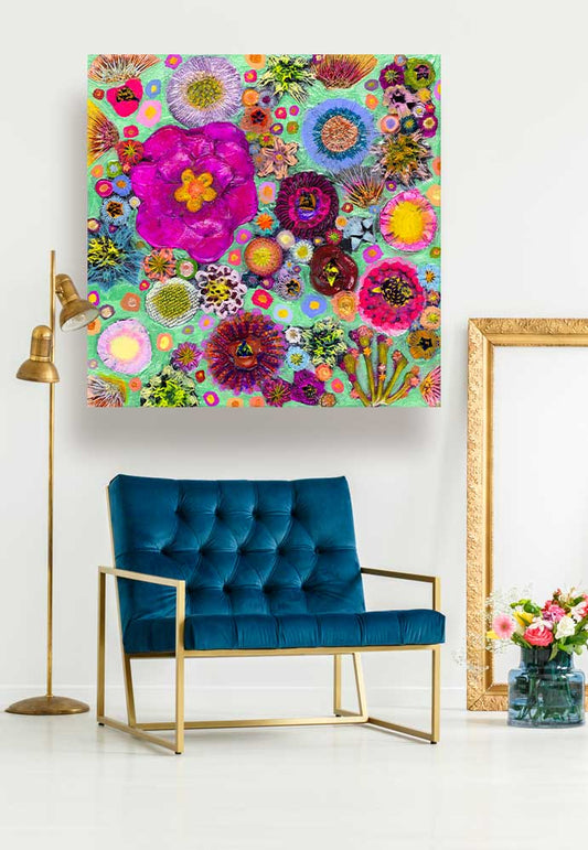 Blooms On Spring Green Canvas Wall Art - GreenBox Art