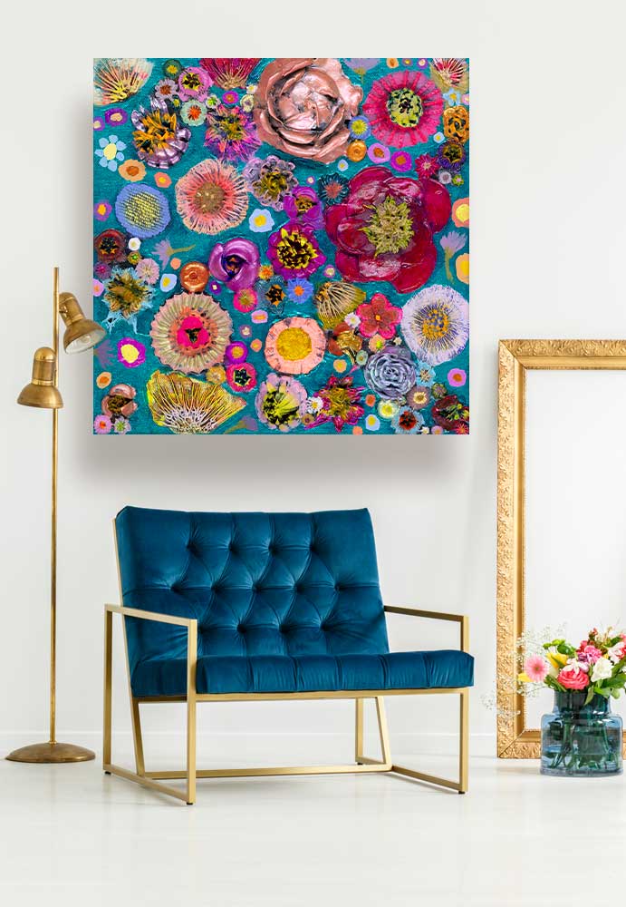 Blooms On Marine Blue Canvas Wall Art
