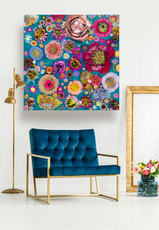 Blooms On Marine Blue Canvas Wall Art - GreenBox Art