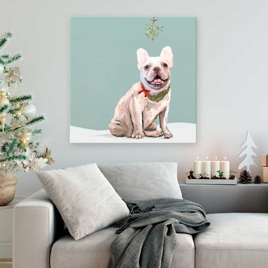 Holiday - Festive Cream Frenchie Canvas Wall Art - GreenBox Art