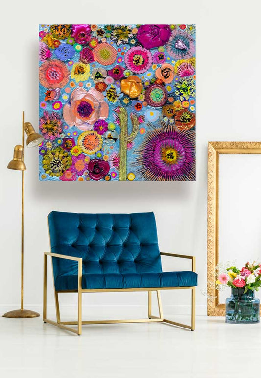 Blooms On Cerulean Blue Canvas Wall Art - GreenBox Art