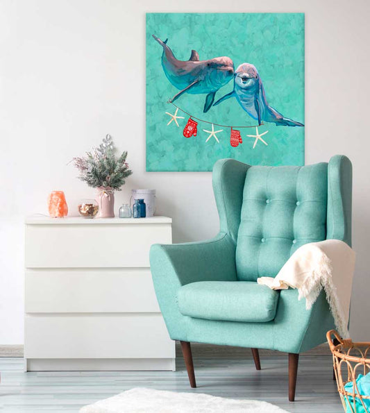 Holiday - A Very Merry Dolphin Pair Canvas Wall Art - GreenBox Art